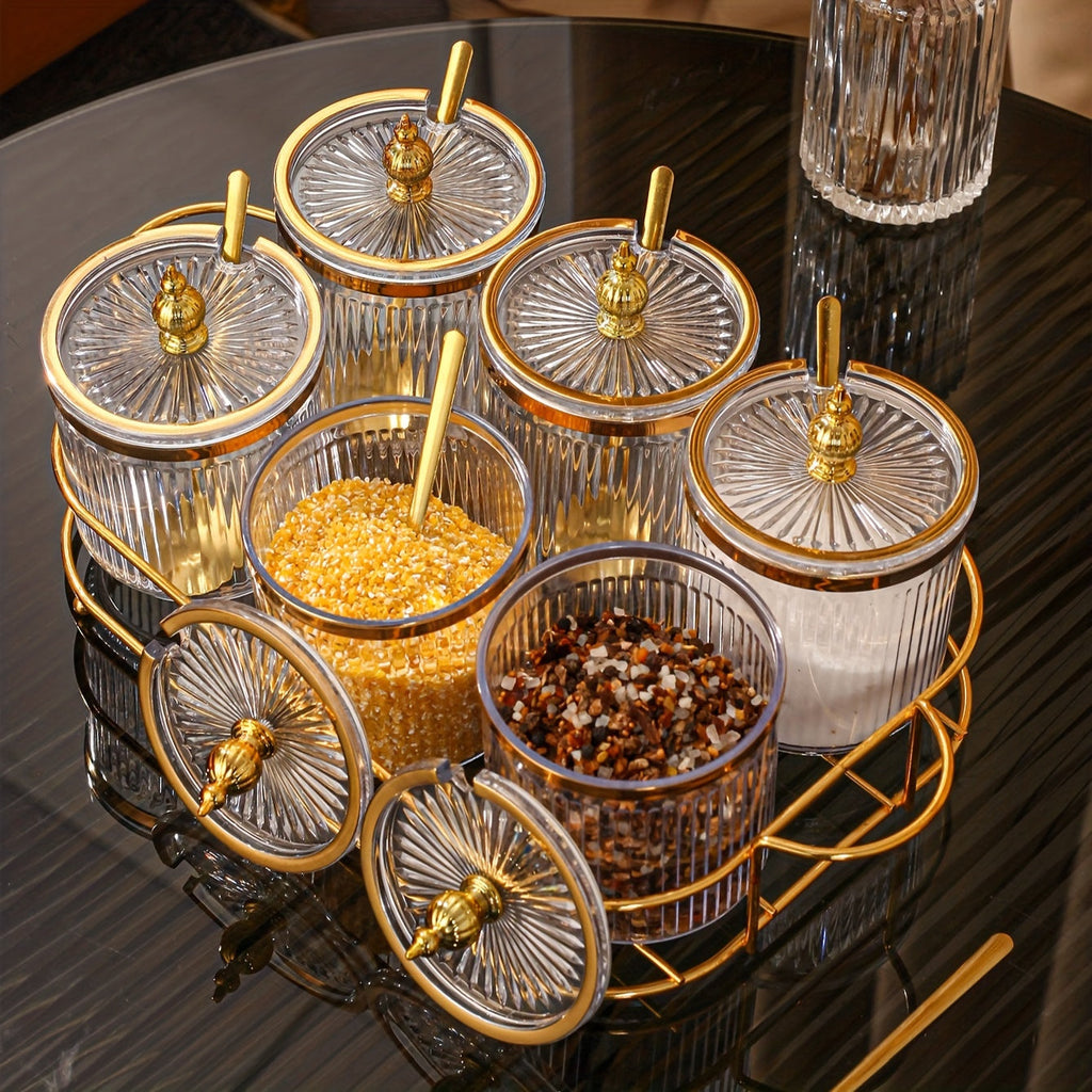 Conjunto de Potes de Temperos de Vidro com Tampa Dourada e Colher
